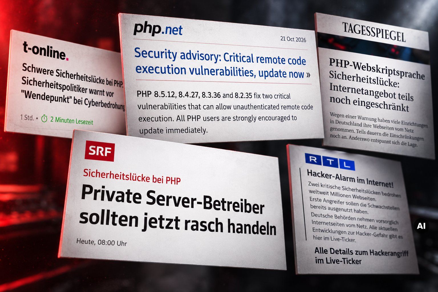 Schräg in den Raum gedrehte Schlagzeilen zur PHP-Sicherheitslücke im Oktober 2026 von php.net, SRF, RTL, Tagesspiegel und t-online