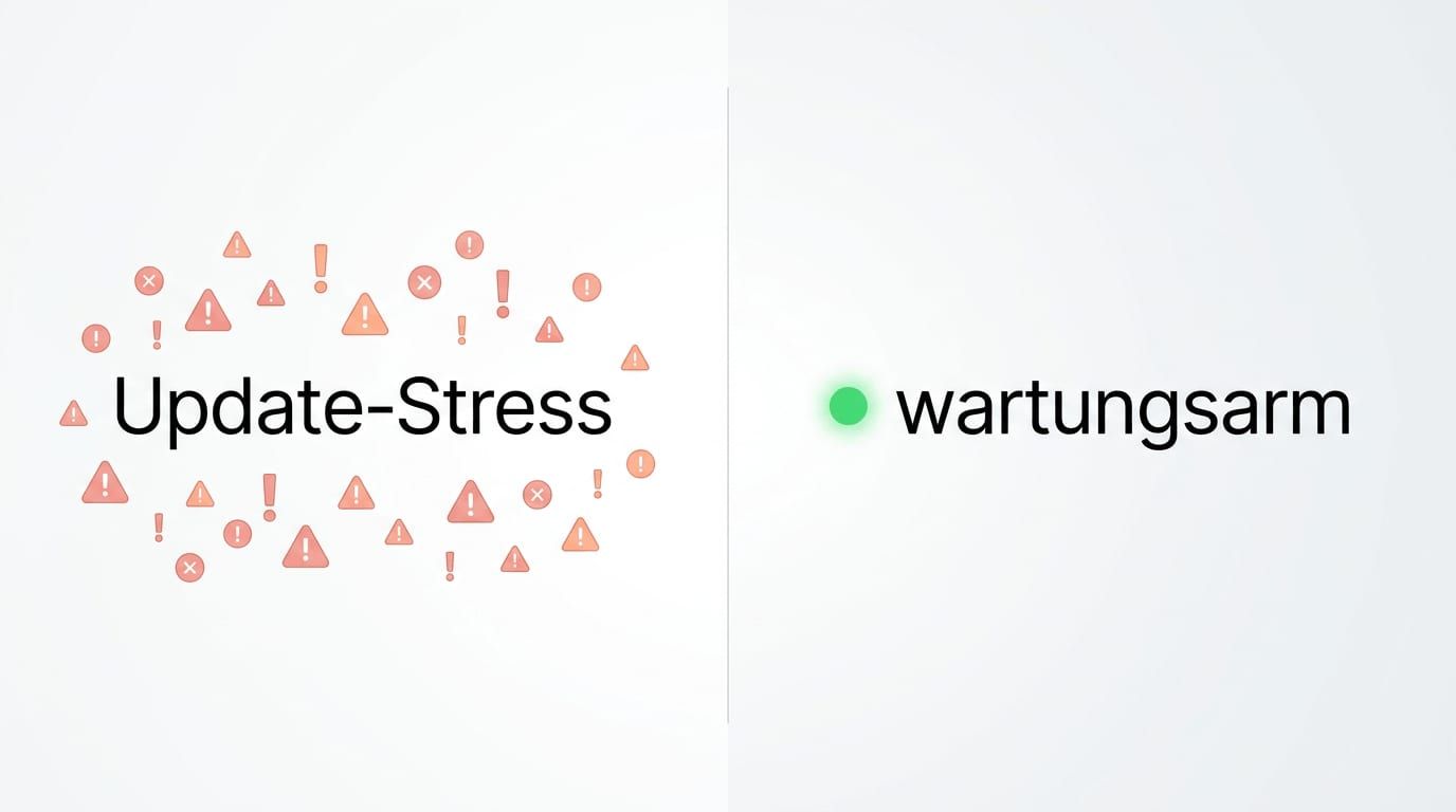Schaubild: Update-Stress (regelmäßige Pflichtarbeit) vs. wartungsarmes Setup