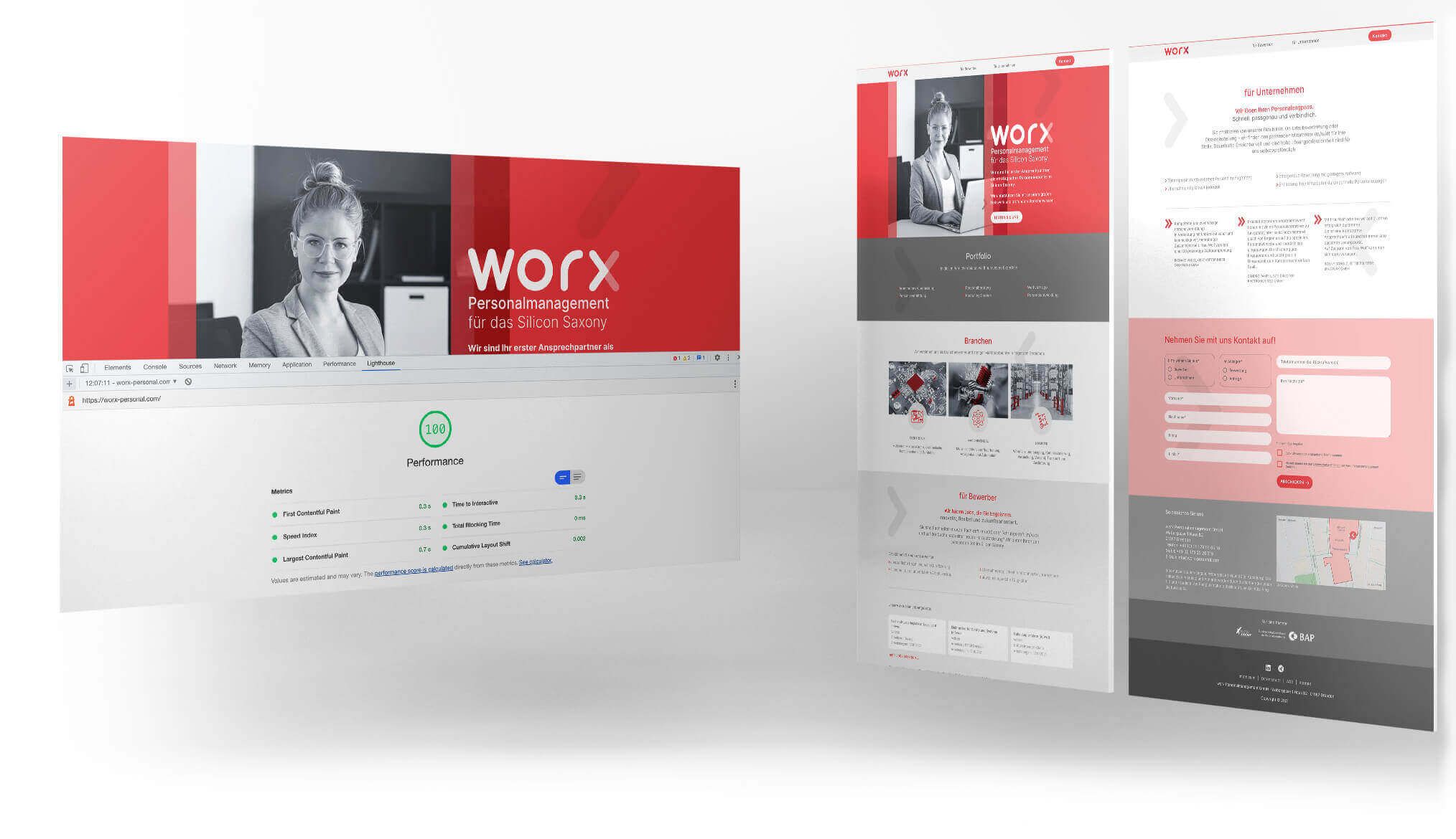Screenshot der worx-Website mit 100 PageSpeed-Punkten